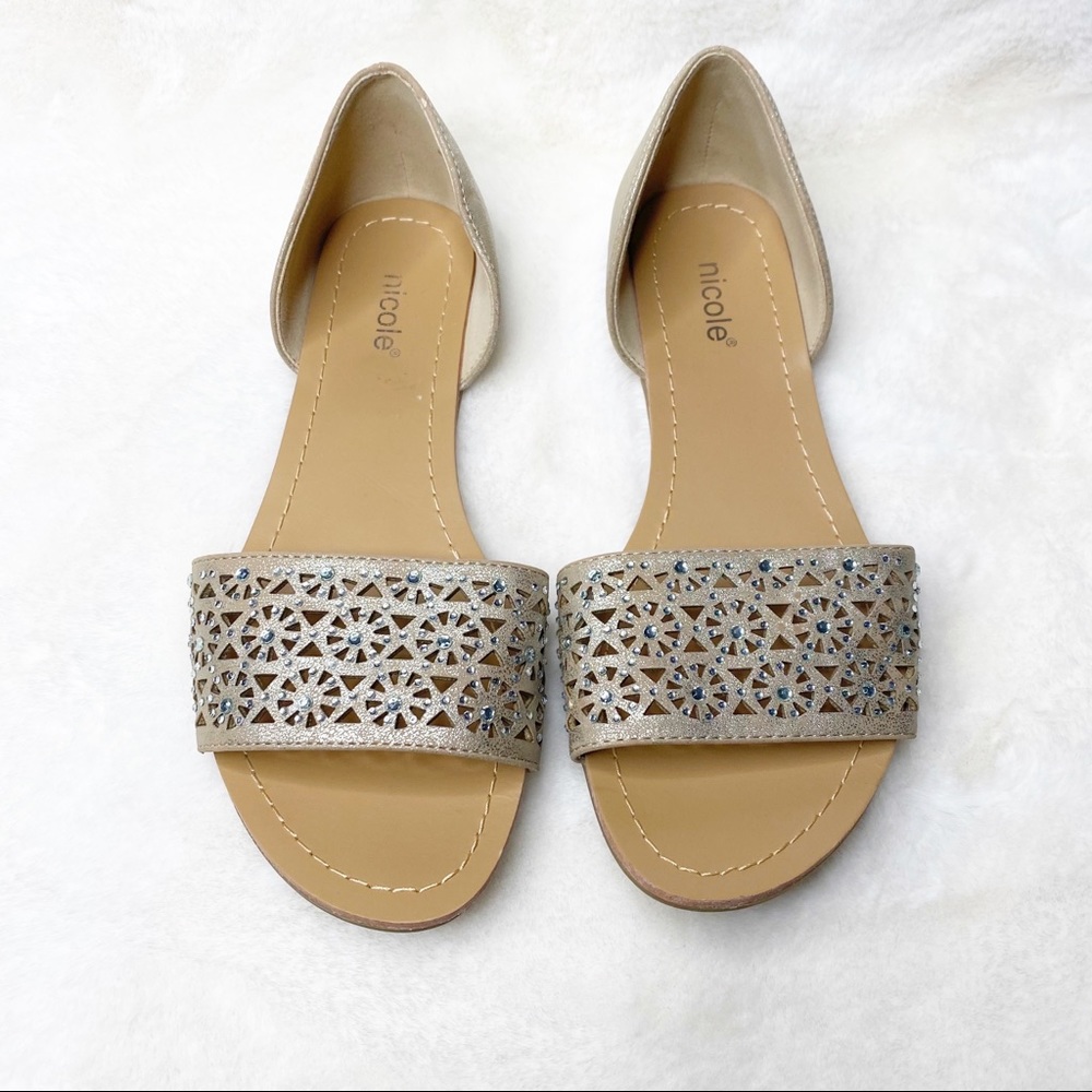 Nicole Champagne Shimmer Flat Open Toe Sandals - Picture 2 of 6